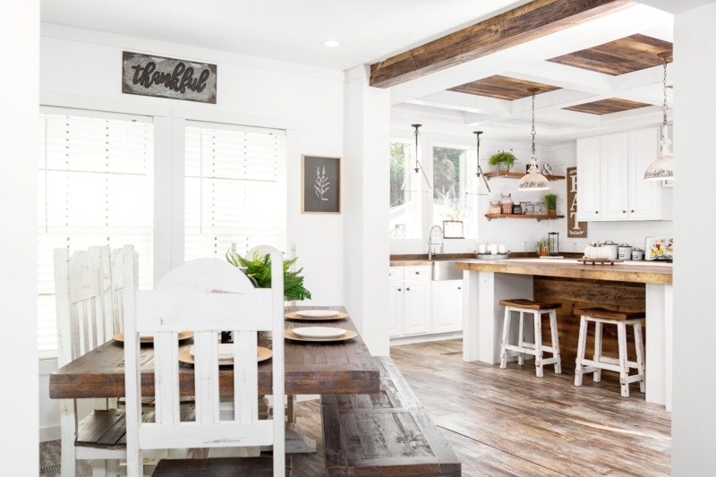Modern Farmhouse Kitchen and Dining with Wood-Inset Coffered Ceiling