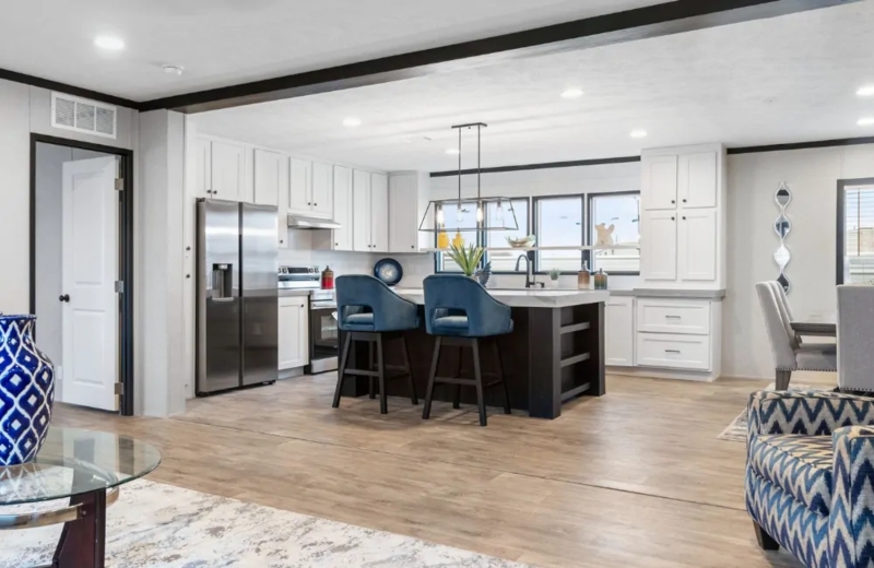 Modern Farmhouse Kitchen with Blue Velvet Barstools