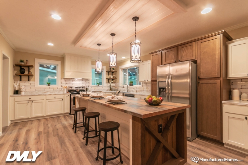 Modern Farmhouse Kitchen with Paneled Ceiling Recess and Island