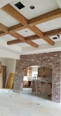 Modern Farmhouse Living Room with Brick Archway, Rustic Coffered Ceiling
