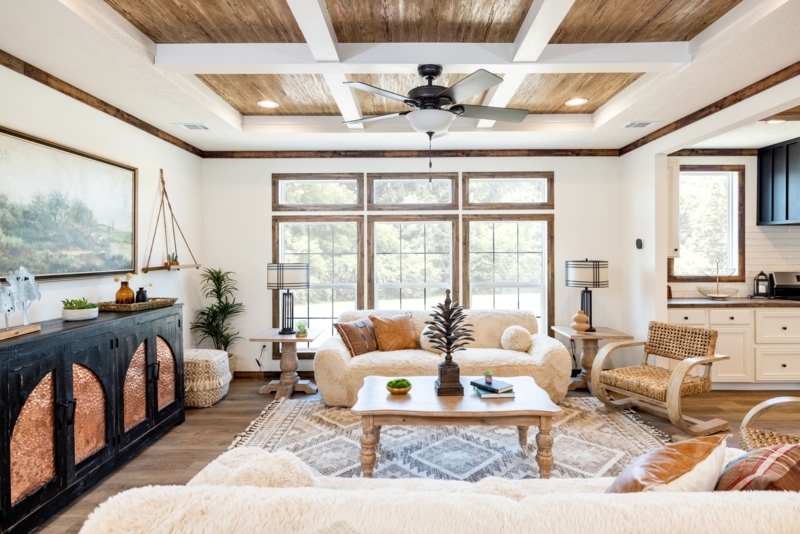 Modern Farmhouse Living Room: Wood Coffered Ceiling & Boucle Sofa