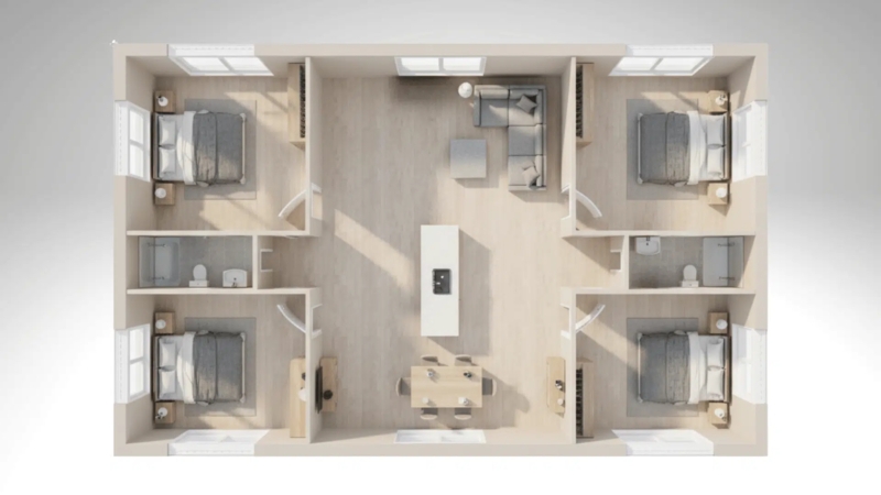 Modern Four-Bedroom Mobile Home Floor Plan with Symmetrical Design