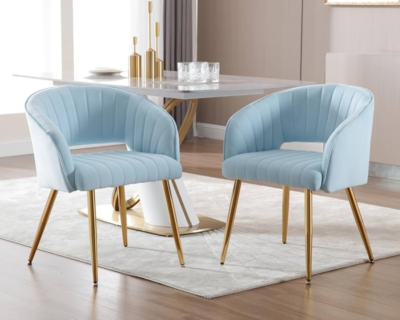 Modern Glam Dining Chair Light Blue Velvet Hollow Back Channel Tufted
