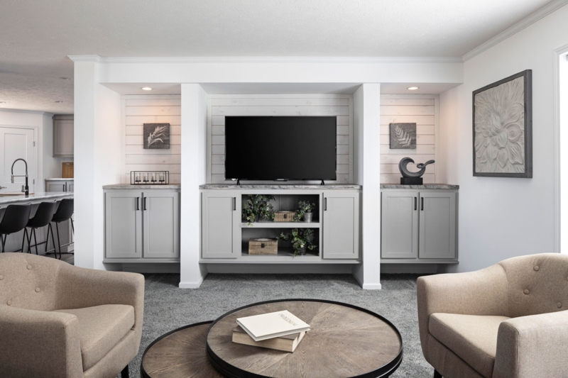 Modern Gray Built-in Media Wall with Shiplap Niches