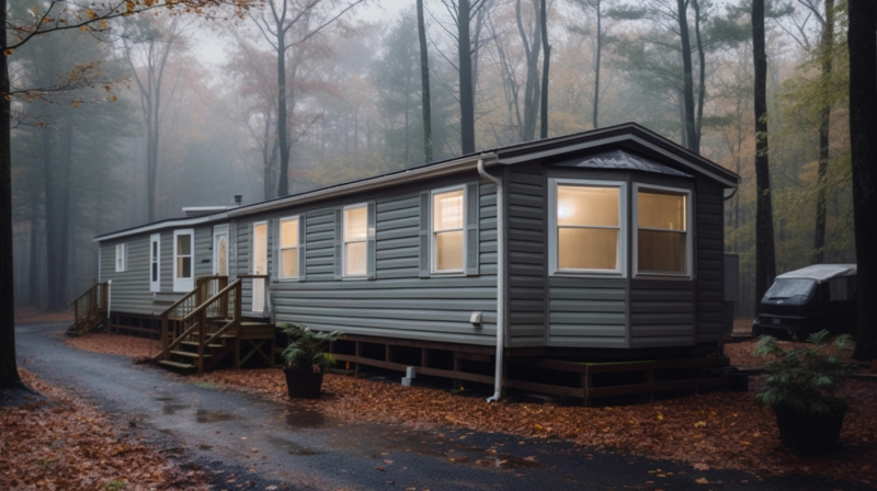 Modern Grey Mobile Home Exterior in Foggy Wooded Landscape