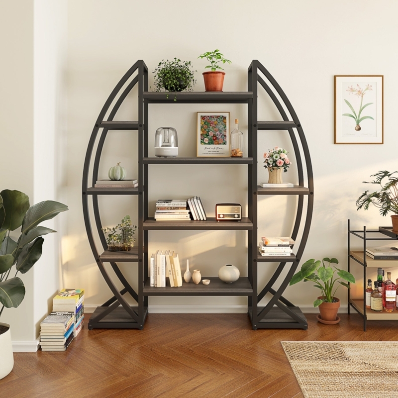 Modern Industrial Etagere Bookcase with Oval Silhouette and Metal Frame