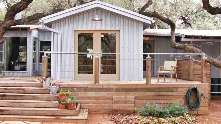 Modern Industrial Exterior with Corrugated Metal Siding Deck
