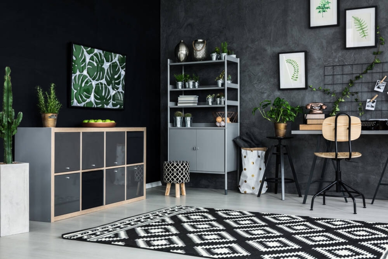 Modern Industrial Office with Charcoal Walls and Geometric Rug