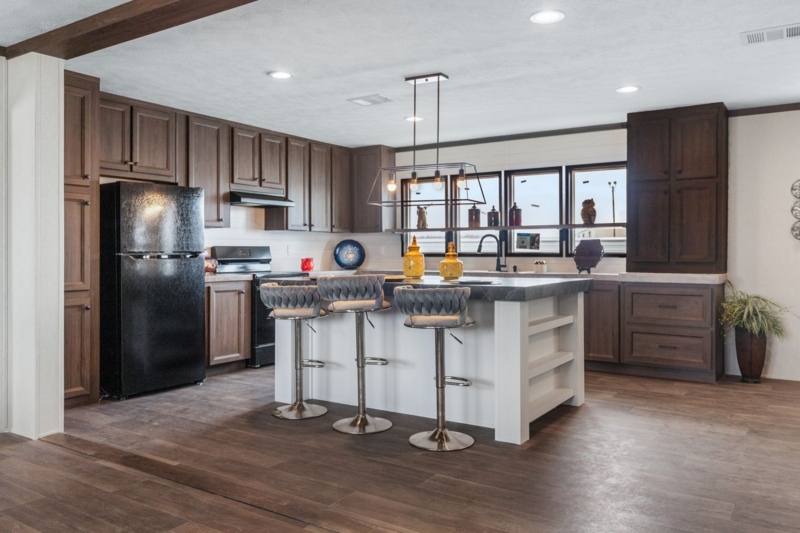 Modern Kitchen Island with Shelving and Grey Braided Bar Stools