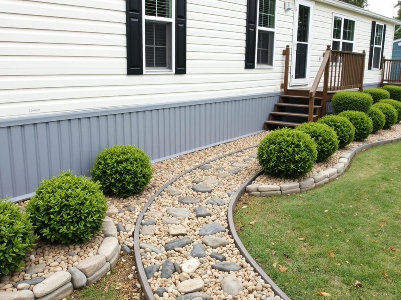 Modern Landscaping with Spherical Shrubs and Curved River Rock Path