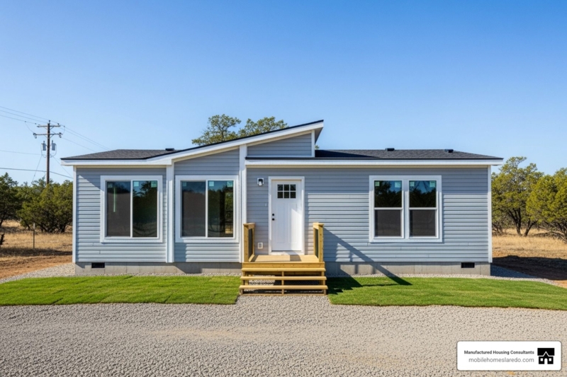 Modern Manufactured Home with Shed Roof and Light Blue Exterior