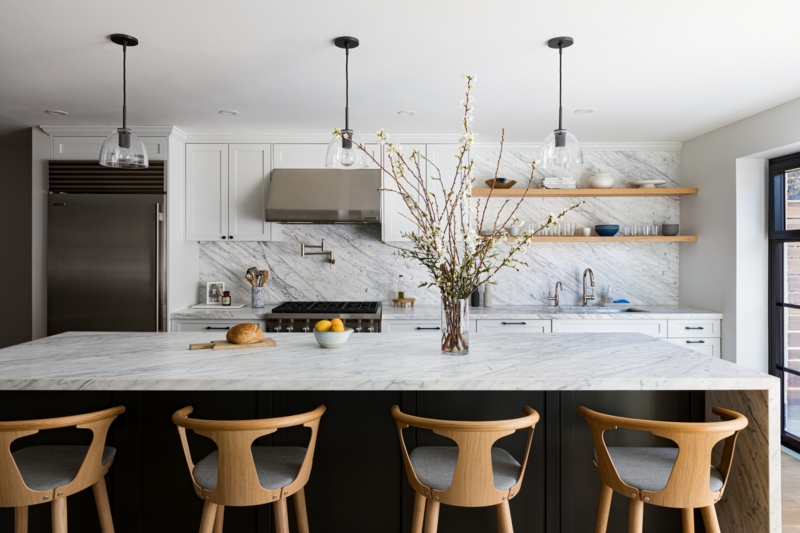 Modern Marble Waterfall Kitchen Island: Single Wall with Wood Stools