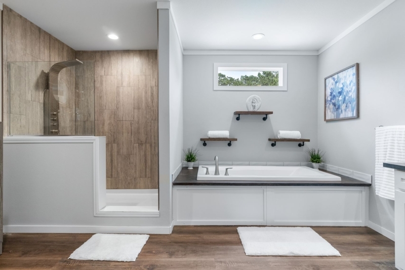 Modern Mobile Home Bathroom with Wood Look Tile & Pipe Shelving