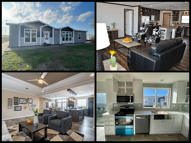 Modern Mobile Home Interior Layout with Cow Print Accent Chairs