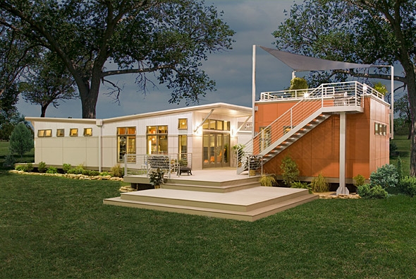 Modern Modular Home with Deck, Orange Accent Siding, and Roof Stairs