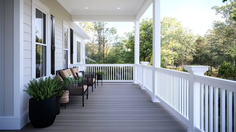 Modern Porch with Gray Composite Decking and Black Shutters