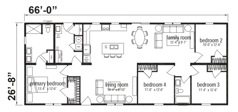 Modern Ranch 28x66 Floor Plan featuring Central Social Hub
