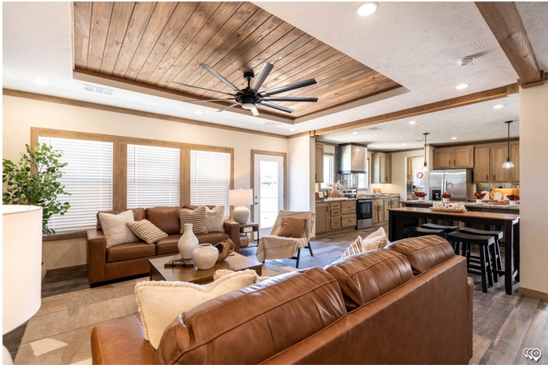 Modern Rustic Living Room with Wood Paneled Tray Ceiling and Fan