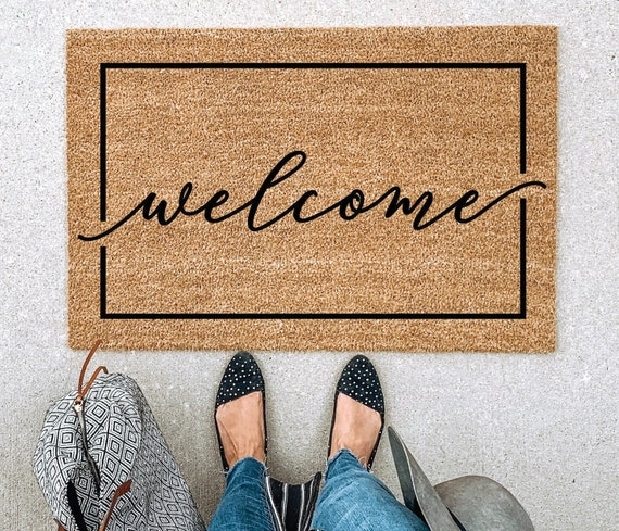 Modern Script Welcome Doormat Natural Fiber Black Border