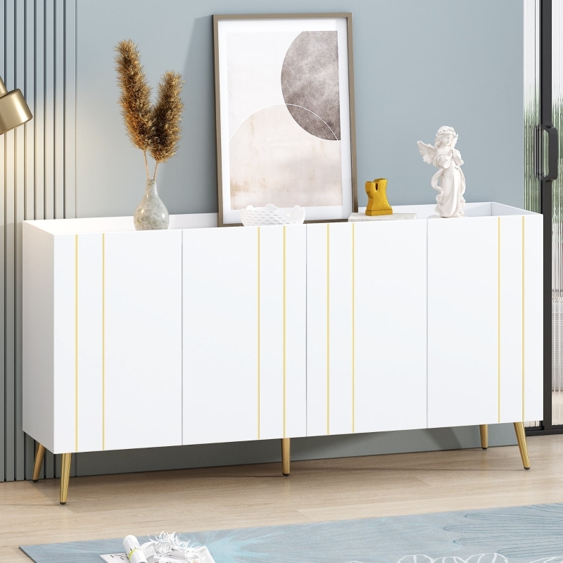 Modern Shoe Cabinet Four Doors Gold Line Accents Five Legs