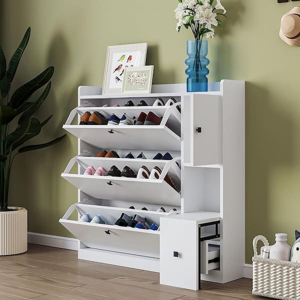 Modern Shoe Cabinet White with Integrated Pull-Out Seat