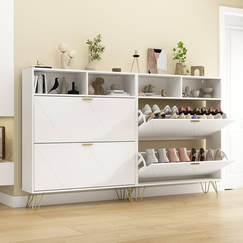 Modern Shoe Cabinet with Tipping Bucket Drawers and Open Shelving