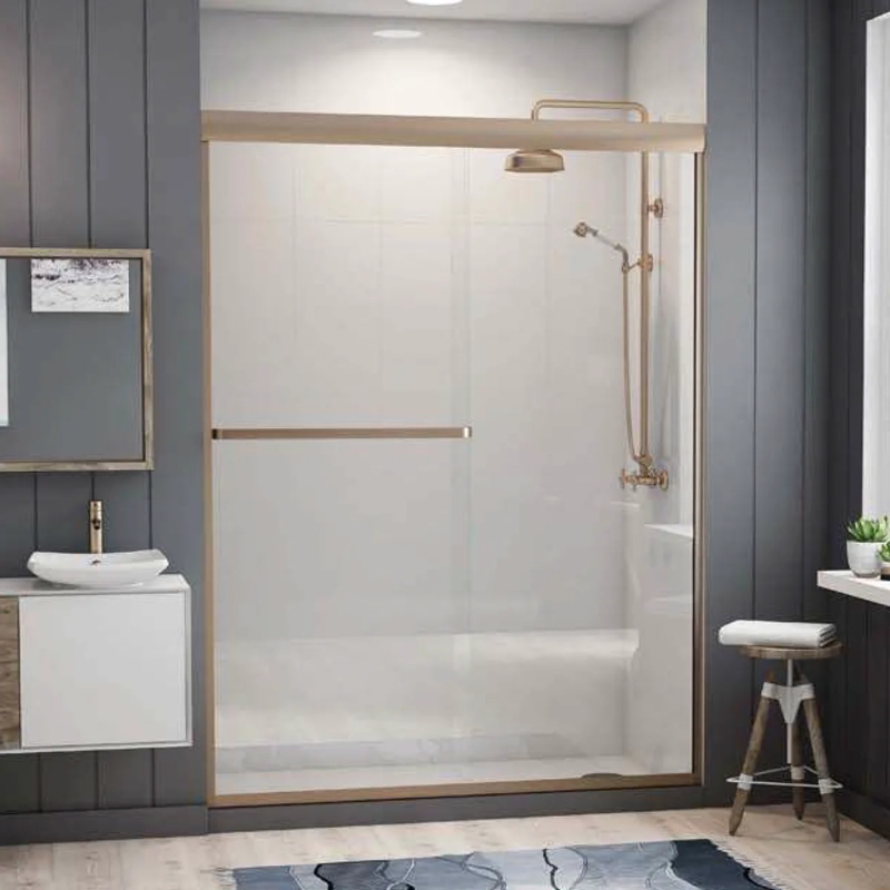 Modern Shower Door: Brushed Gold Frame with Sliding Bypass Mechanism