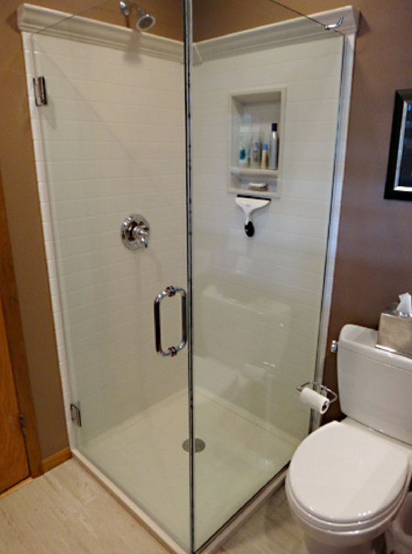 Modern Shower Enclosure: White Horizontal Plank Walls, Built-In Niche