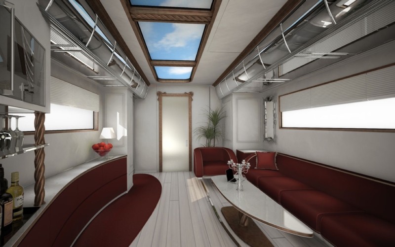 Modern Skylight Ceiling: Luxury RV Interior, Curved Sofa