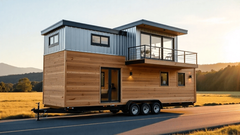 Modern Two-Story Tiny House with Upper Balcony and Mixed Materials