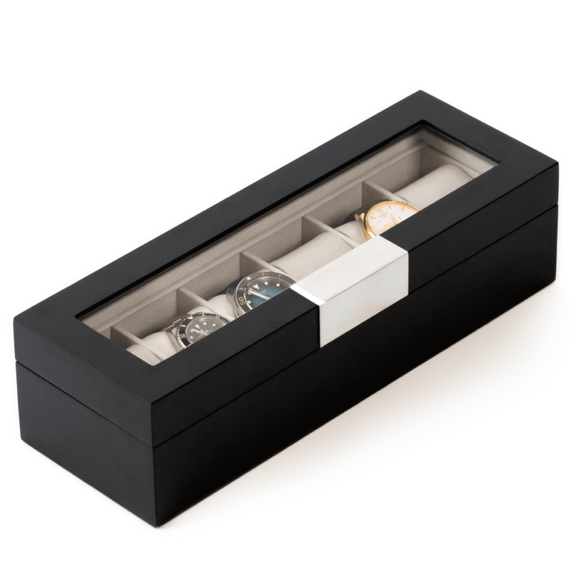 Modern Watch Box Brushed Metal Clip Matte Black Finish Glass Window