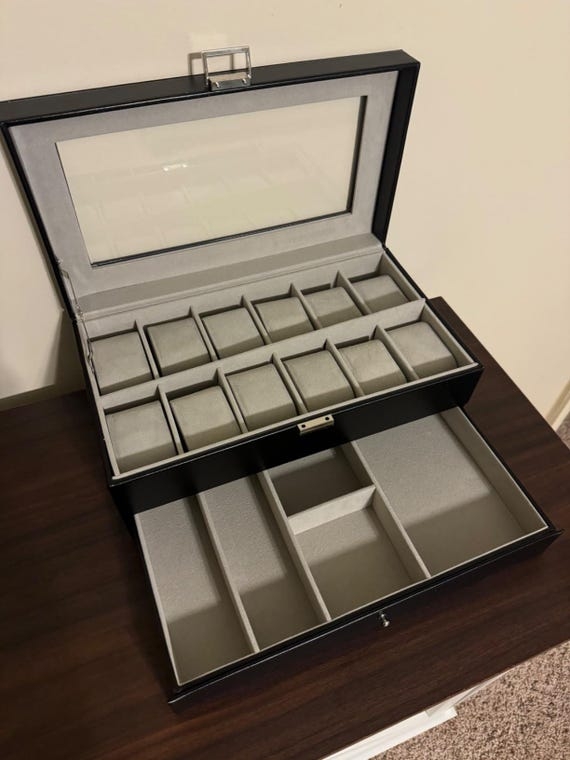 Modern Watch Box Glass Viewing Window Twelve Slots Two Tier Drawer