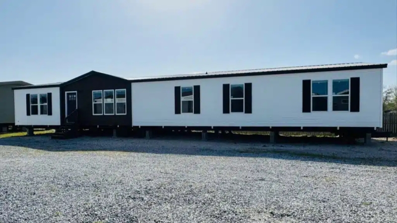 Modern White Mobile Home with Dark Contrast Siding