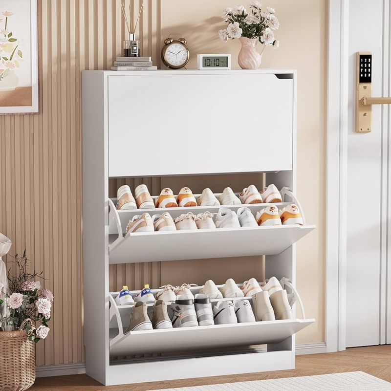Modern White Shoe Cabinet with Slim Profile and Handle-less Flip-Down Drawers