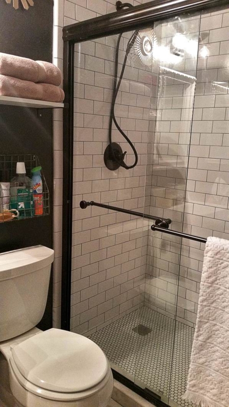 Modern White Subway Tile Shower with Dark Bronze Hardware