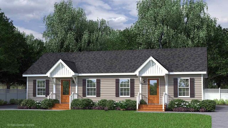 Modular Duplex Twin Gabled Entryways with Contrasting Shutter Accents