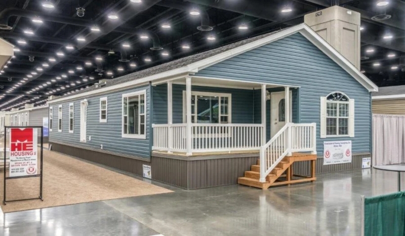 Modular Home Blue Siding Integrated Porch White Trim Gabled Roof