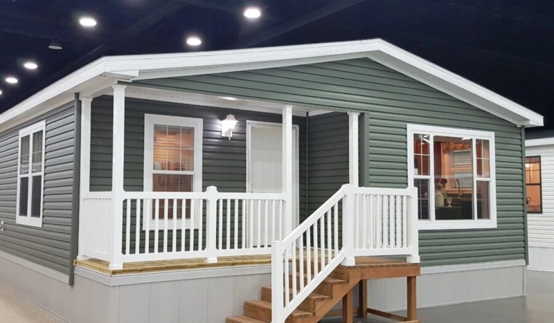 Modular Home Exterior Design: Olive Green Siding with White Accents