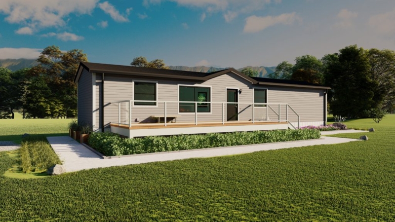 Modular Home Exterior: Glass Balustrade, Mountain Backdrop