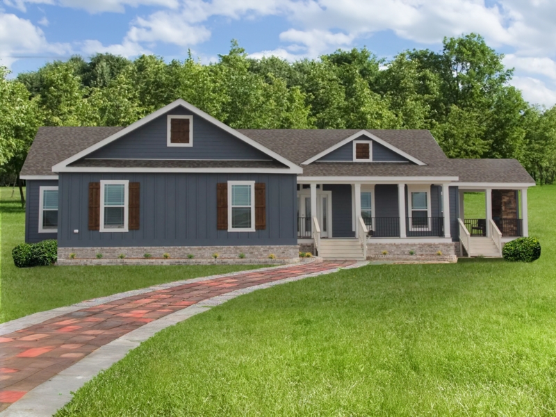 Modular Home Exterior with Slate Blue Siding and Stone Foundation