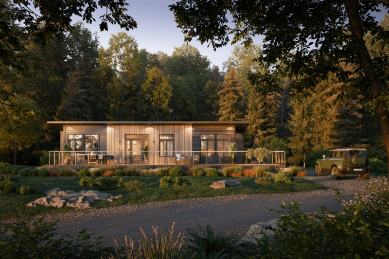 Modular Home featuring Mixed Siding Orientation and Expansive Decking.