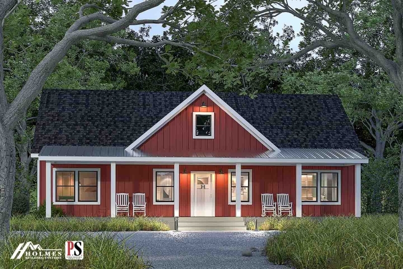 Modular Home Red Farmhouse Design Vertical Siding White Columns