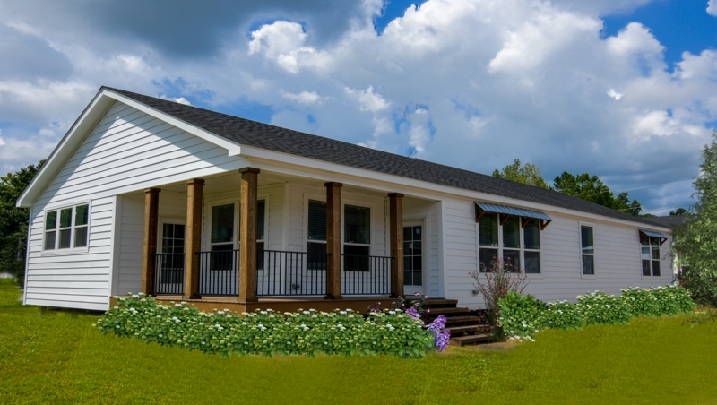 Modular Home White Siding With Wood Columns Black Metal Railing Porch