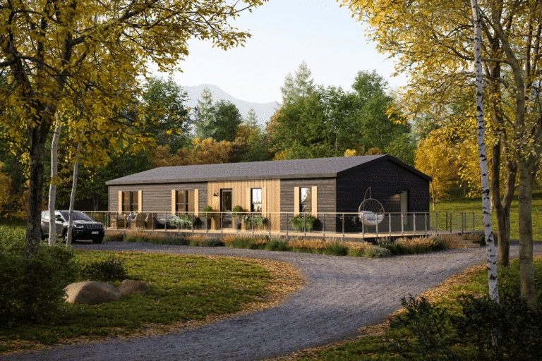 Modular Home with Mixed Siding Textures and Integrated Front Deck.