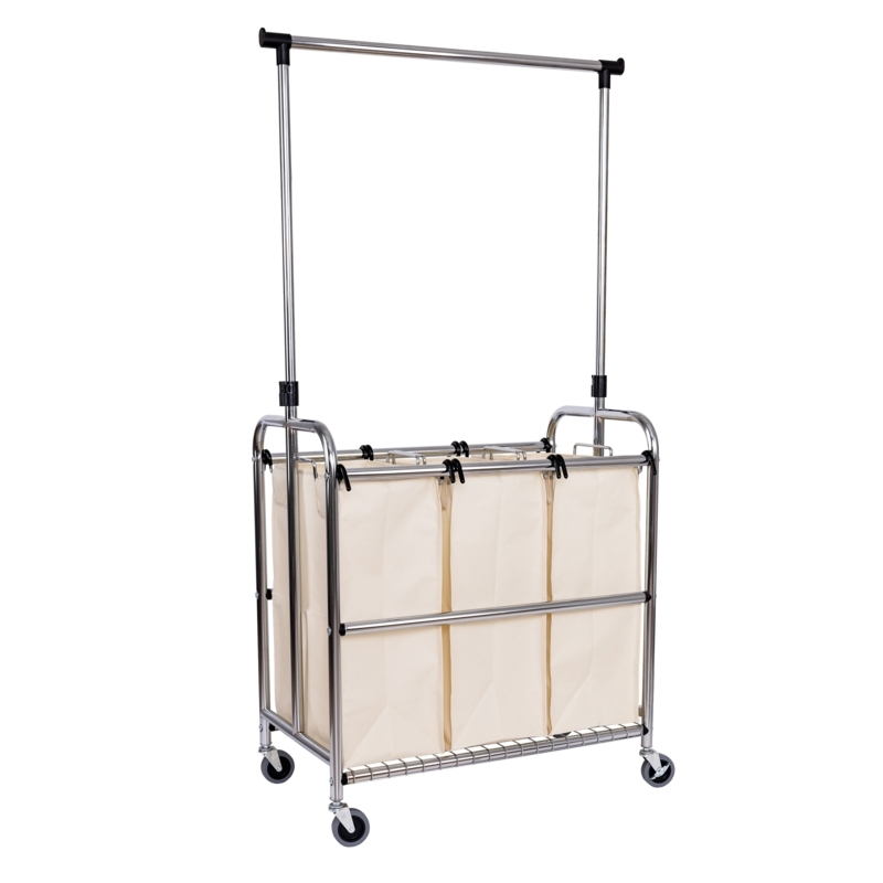 Multi-Bag Laundry Sorter, Integrated Hanging Bar, Polished Chrome Finish