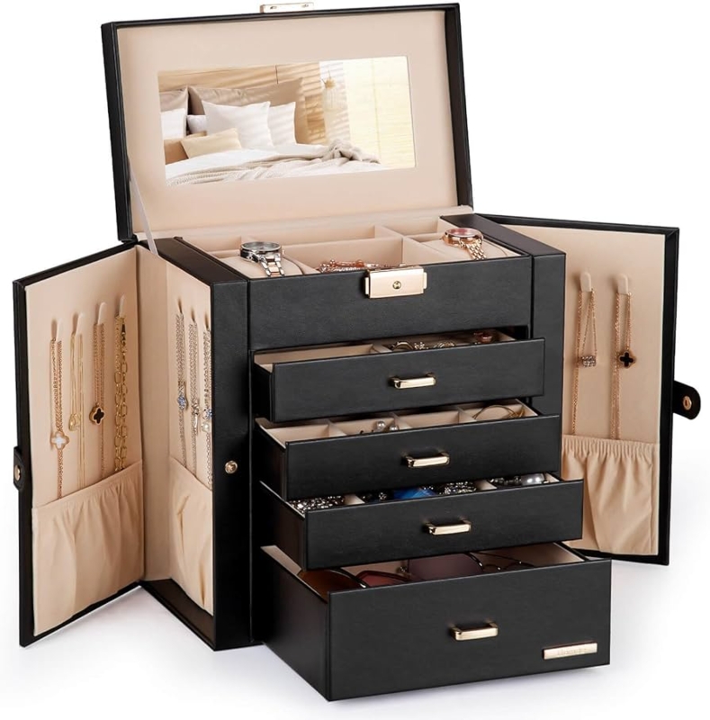 Multi-Drawer Watch and Jewelry Chest Black with Side Wings