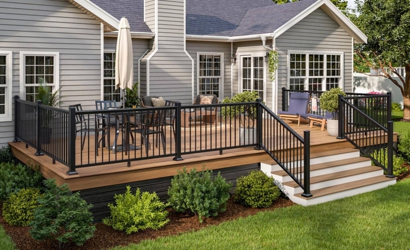 Multi-Level Deck with Black Metal Railing and Composite Appearance
