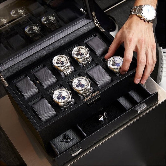 Multi-Level Watch Box with Grey Carbon Fiber Lining