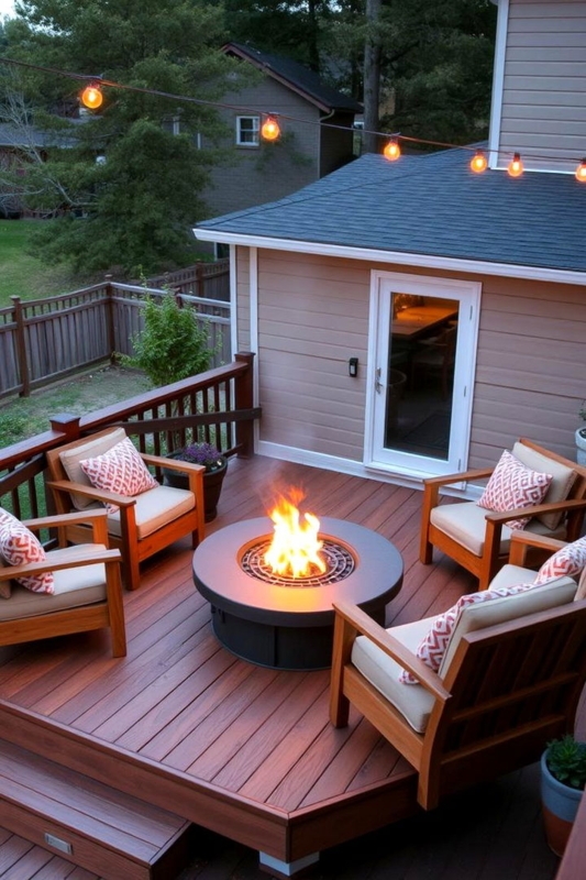 Multi-Level Wood Deck with Integrated Fire Pit and Seating