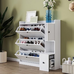 Multifunctional White Shoe Cabinet with Pull-Out Seat and Drawers